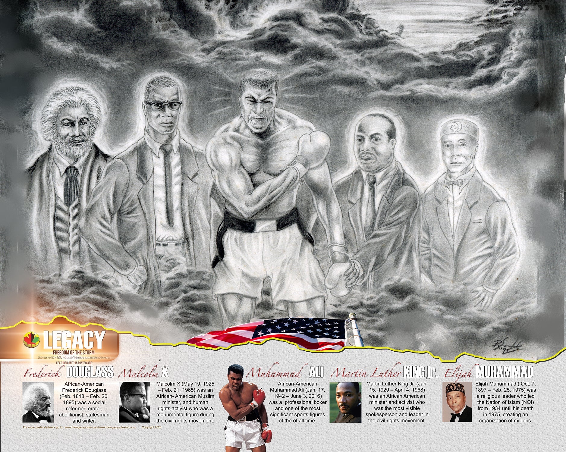 “An educational poster, ideal for Black History Month featuring abolitionist Frederick Douglass, leader Malcom X, boxer Muhammad Ali, civil rights leader Martin Luther King jr., and Nation of Islam leader Elijah Muhammad created by African-Canadian artist Robert Small.”