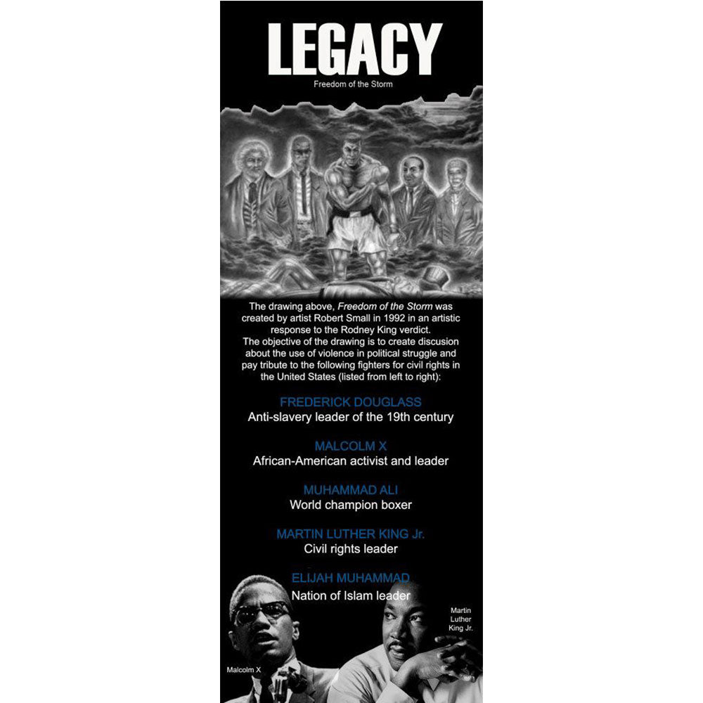 A bookmark, ideal for Black History Month featuring Freedom of the storm, an artistic response to the 1992 Rodney King verdict, created by African-Canadian artist Robert Small.